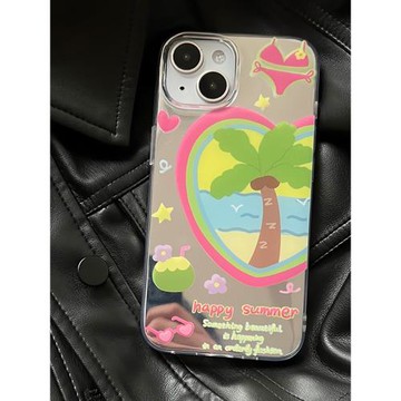 夏日椰子樹鏡面適用蘋果12/13/14/15/16proMax手機殼軟iPhone11/15plus可愛