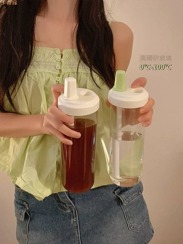 ins風高顏值玻璃杯女大容量耐高溫吸管杯家用喝水杯子咖啡奶茶杯