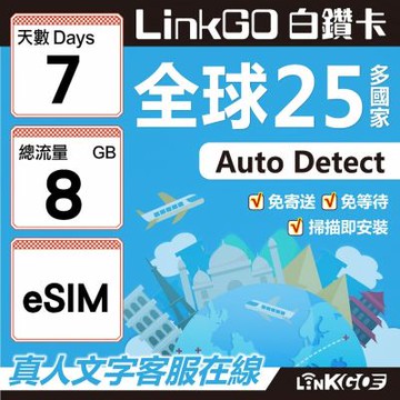 LINKGO白鑽卡 全球25國 eSIM卡 7天上網卡 總流量8GB(全球網卡 亞洲 歐洲 美洲 大洋洲 非洲)