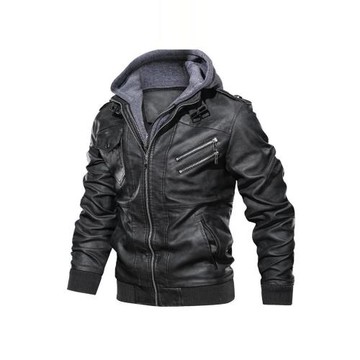 Winter men hooded PU leather jacket zipper Coat Motorcycle
