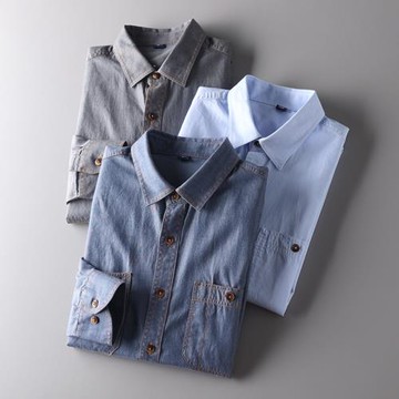 全棉水洗！復古休閑薄款牛仔襯衫男士春秋款純棉長袖襯衣休閑外套