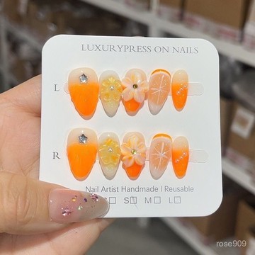 ✨Hannah✨精品外貿穿戴甲清新橘子水果手工美甲片成品歐美爆款純手工穿戴甲 4RCQ
