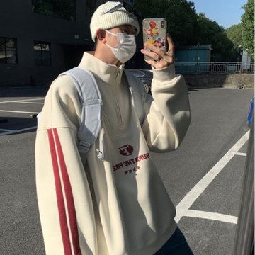 半拉鏈套頭衛衣男春秋款美式復古重磅外套青少年休閑寬松帥氣上衣