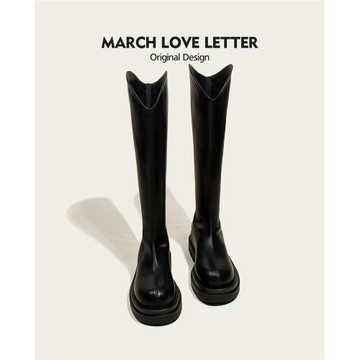 【三月情書】秒變大長腿~厚底騎士靴V口長靴筒圍高筒靴女瘦瘦靴子