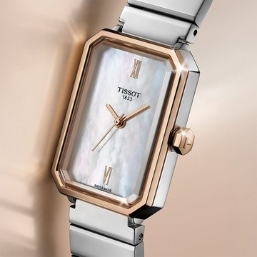 TISSOT 天梭 SRV系列 幾何線條方形珍珠貝石英女錶-30mm T1601102111300