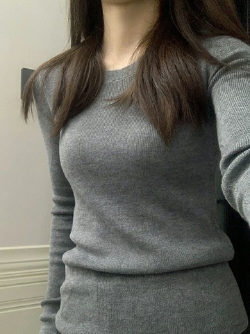 灰色圓領羊毛針織打底衫女秋冬高級感修身軟糯內搭毛衣長袖上衣