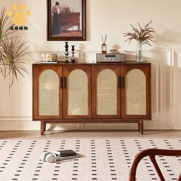 免運 中古風實木 藤編餐邊櫃 四門儲物櫃子  民宿酒店臥室多功能收納置物櫃【WS10242W】