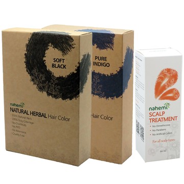 娜禾蜜 草本增色護髮粉｜自然黑加強版(自然黑x1+靛紫藍x1)+頭皮調理精華液x1