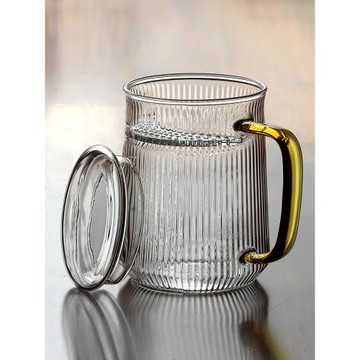 耐熱玻璃茶杯 豎紋帶蓋月牙過濾杯綠茶杯茶水分離泡茶杯大容量