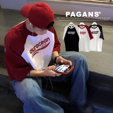 【PAGANS STORE】 韓國 美式 aurocean 拼接 拼色 接袖 字母 印花 標語 短袖 短tee
