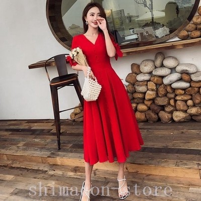 ロングワンピースミモレ丈ワンピースaライン半袖夏ワンピース海旅行リゾートワンピース赤ロング丈vネック結びつきリボンお洒落 通販 Lineポイント最大get Lineショッピング