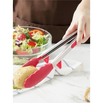 耐高溫硅膠食品夾子不銹鋼架子帶腳墊煎牛排夾面包炒菜燒烤夾子