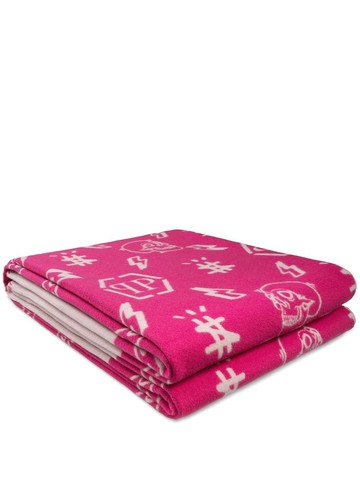 Philipp Plein - monogram-print knitted blanket - unisex - Silk/Cashmere/Wool - One Size - Pink