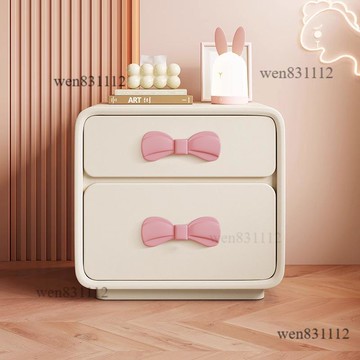 女孩兒童雙抽皮質奶油風實木床頭櫃輕奢簡約現代可愛床邊櫃置物架