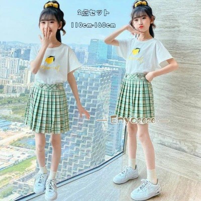 子ども服 夏服 女の子 半袖 Tシャツ プリーツスカート 緑 記念日