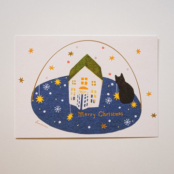 燙金明信片 Merry Christmas聖誕水晶球的小黑貓 聖誕卡