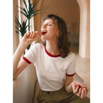 徐莫西 法式文藝范復古ins風紅色領口撞色修身短袖棉T恤女夏上衣