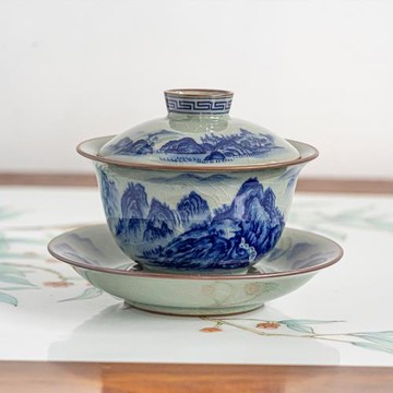景德鎮陶瓷蓋碗青花瓷千里江山家用中式泡茶功夫茶具陶泥開片高端