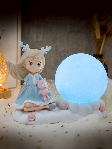 創意鹿角女孩小夜燈擺件可愛生日禮物少女心臥室房間床頭柜裝飾品