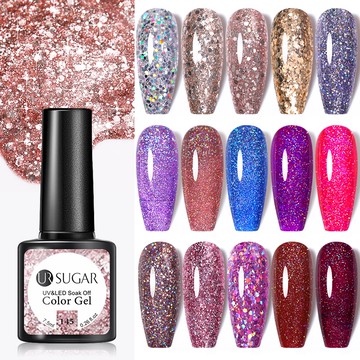 UR SUGAR 7.5ml 亮片閃粉膠 光療指甲油 銀色金色粉色光療膠 甲油膠 封層凝膠 底膠  免洗封層