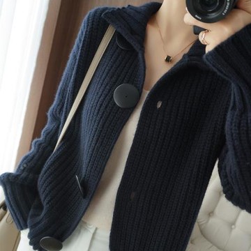 AXDX洋氣針織開衫女秋冬外搭100%純羊毛衫寬松型百搭羊絨毛衣外套