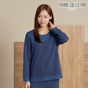 YVONNE 以旺傢飾 雙色刷毛長袖上衣-藍色