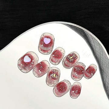 樹莓熊|美式甜心冰透腮紅暈染美甲水晶愛心仙女風手繪小熊穿戴甲