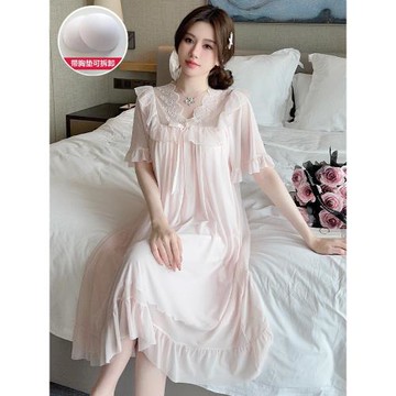 帶胸墊睡裙女夏天季短袖莫代爾網紗蕾絲花邊宮廷公主風睡衣家居服
