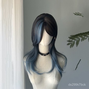 KEKE💗【藍黑狼尾】假髮女 中分黑藍漸變挑染中長女狼尾 層次整頂 透氣 逼真 新款 輕薄 修顔 無痕 增髮 假頭髮