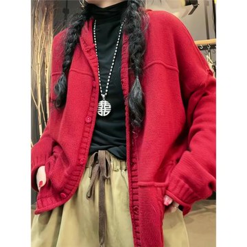 歐貨重磅早秋新款女裝2025高級感紅色開衫毛衣針織外套氣質上衣潮