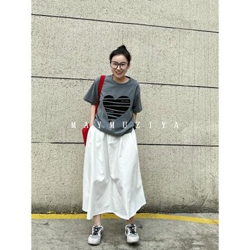 MAY MUZIYA植絨磨毛圓領灰色短袖T恤女夏季小個子寬松設計感上衣