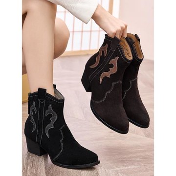 磨砂尖頭騎士靴冬季中筒靴加絨粗跟小短靴子洋氣高跟鞋帥氣騎士靴