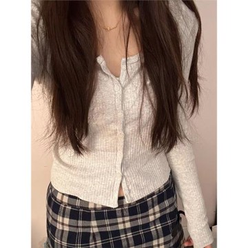 新款圓領燕麥色條紋長袖針織開衫上衣女bm高腰紐扣T恤zelly top