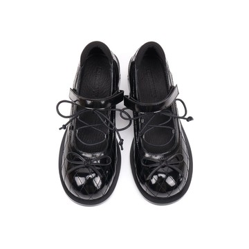 Asthershop原創 圓頭蝴蝶結瑪麗珍鞋 菱格暗黑風綁帶黑色粗跟單鞋