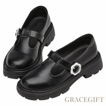 【Grace Gift】日系可愛小花扣T字輕量瑪莉珍鞋 黑