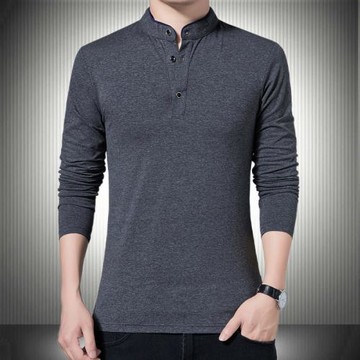 春秋款男裝純棉t恤長袖商務修身版簡約休閑純色立領體恤大碼秋衫
