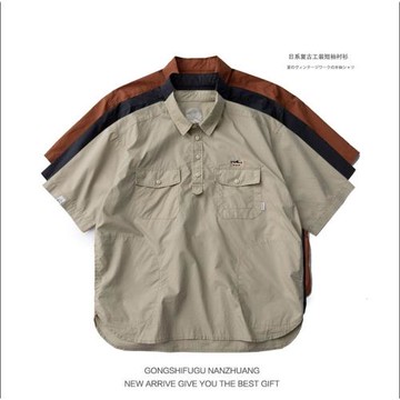 日系復古cityboy潮牌美式工裝POLO領短袖襯衫男ins高級感T恤襯衣