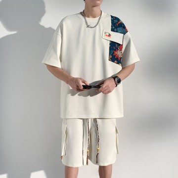 設計感拼接短袖t恤男夏季青少年男裝帥氣學生潮流套裝休閑籃球服