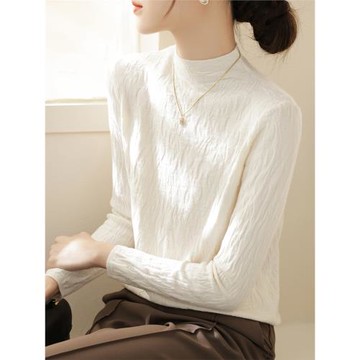 羊毛慵懶風半高領毛衣針織打底衫女秋冬新品別致褶皺長袖內搭上衣