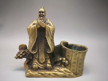 古玩 黃銅孔子像擺件筆筒孔夫子人物雕像旺學業事業助考試增益智
