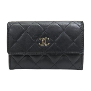 【二手名牌BRAND OFF】CHANEL 香奈兒 黑色 菱格紋 羊皮 卡夾 零錢包 (無卡)