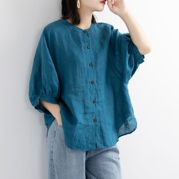棉麻襯衫女裝  燈籠袖複古文藝  夏季顯瘦上衣  寬鬆中袖  大碼襯衣女WH