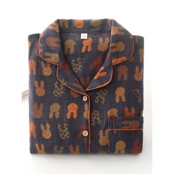 大碼小兔情侶睡衣春秋季提花純棉紗布薄款長袖開衫男女家居服套裝