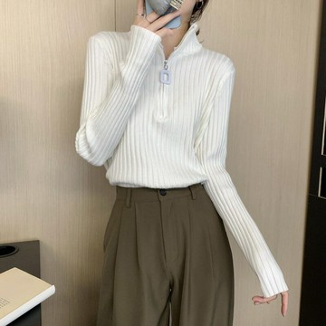 【巴黎精品】現貨+預購 針織衫長袖T恤-半高領套頭坑條寬鬆女上衣4色w1ab38