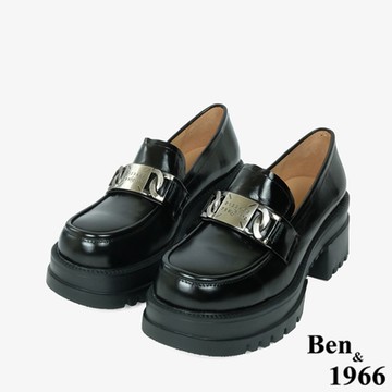 Ben&1966高級頭層牛油皮個性金屬釦厚底樂福鞋-黑(246161)