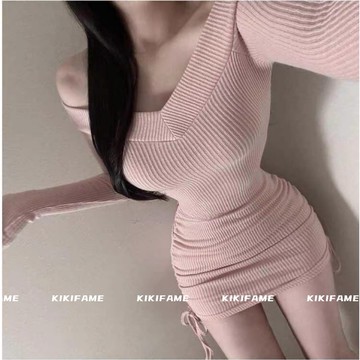 【𝐊𝐈𝐊𝐈𝐅𝐀𝐌𝐄】🎀𝓚𝓸𝓻𝓮𝓪𝓷～韓女曲線V領露肩抽繩洋裝 長袖洋裝 包臀洋裝 一字領洋裝 連身裙 露肩洋裝 收腰洋裝