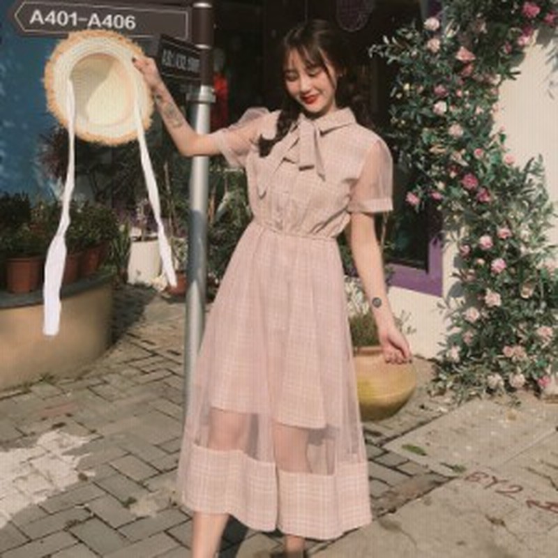 ワンピース ロングワンピース グレンチェック ガーリー シースルー リボン ブラウス シャツワンピース 半袖 パフスリーブ フレア ハイウ 通販 Lineポイント最大1 0 Get Lineショッピング