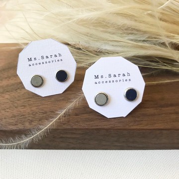 皮革耳環_圓框3號作品#6_黑配灰白(可改夾)