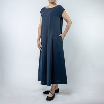 圓領打摺洋裝  天然棉麻 | 午夜藍