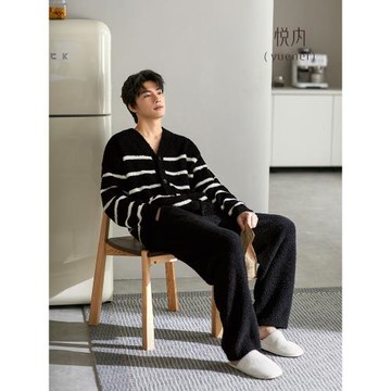 (免運)悅內半邊絨睡衣男士秋冬款冬季保暖加厚加絨珊瑚絨家居服男款套裝